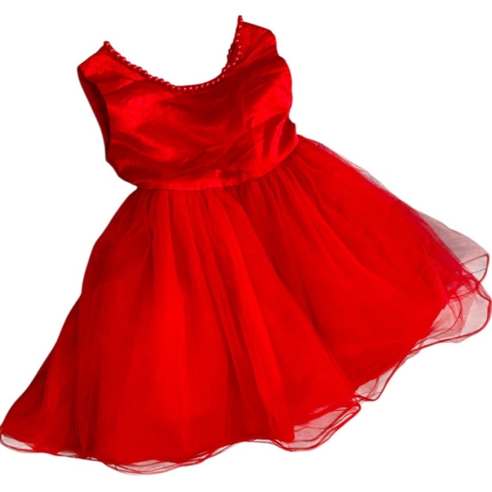 Boutique Toddler Girl Sleeveless Pearl Satin Tulle Formal Red Dress Size 5T